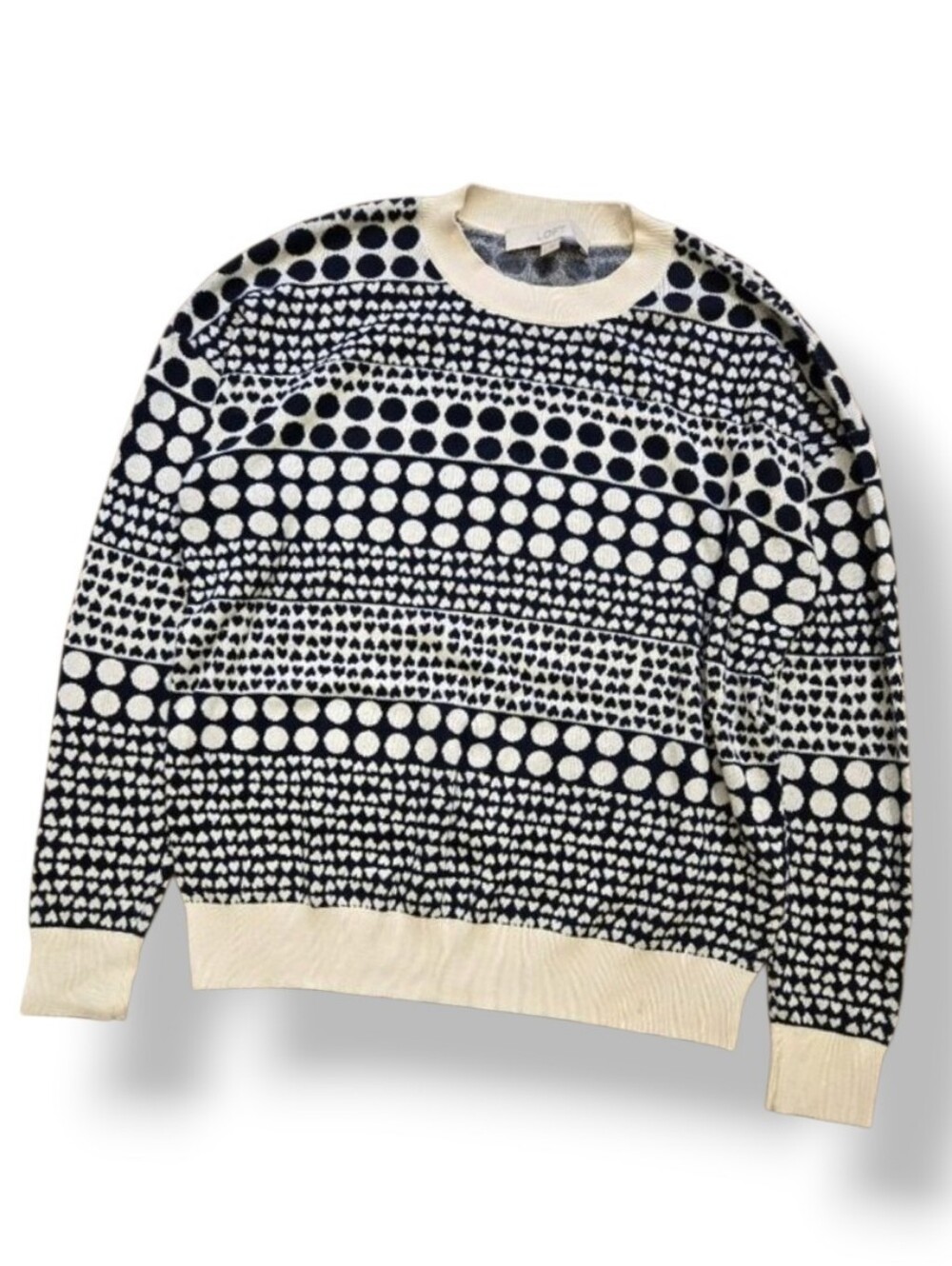 LOFT Polka Dot Heart Crewneck Sweater Size M Black White Stripes